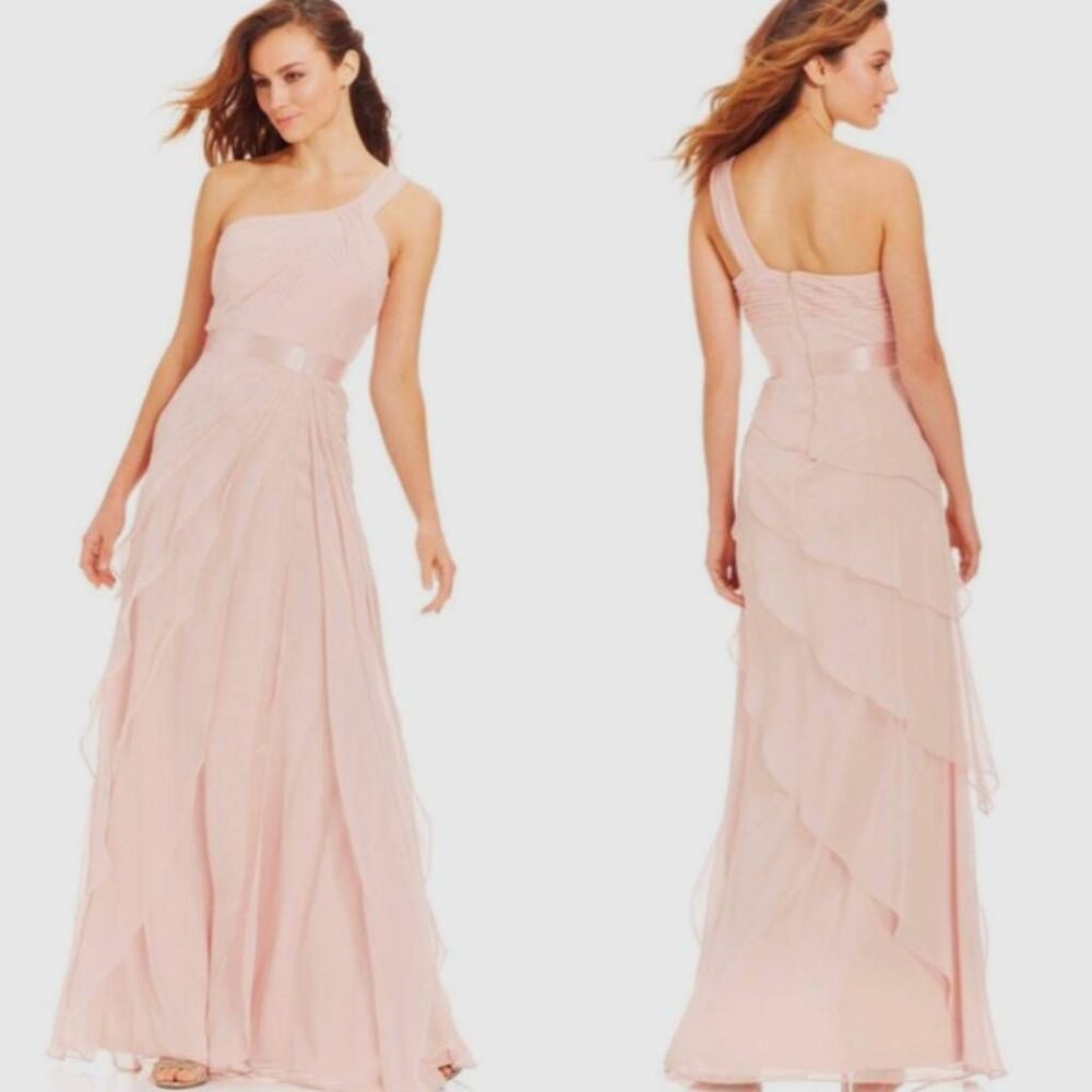 Adrianna Papell pink blush chiffon flutter draped one shoulder gown maxi dress 6